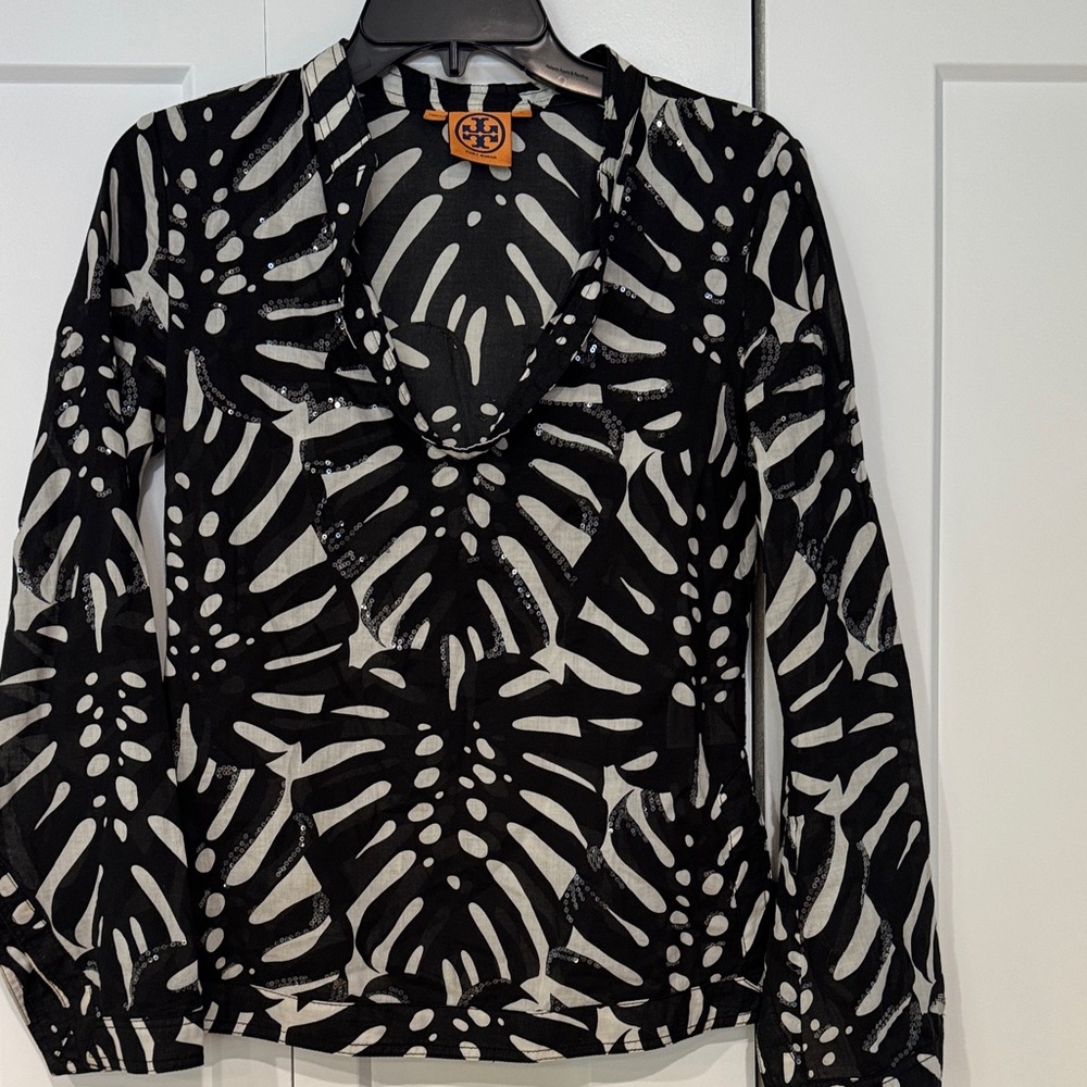 Tory Burch Black and White Abstract Blouse
